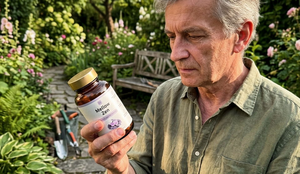 Mężczyzna w ogrodzie ogląda opakowanie Mellow Zen