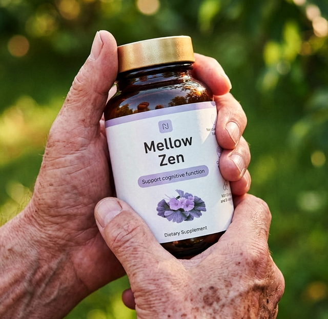 Dłonie starszej osoby trzymające opakowanie Mellow Zen