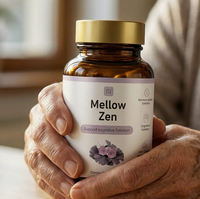 Dłonie starszej osoby trzymające opakowanie Mellow Zen przy stole