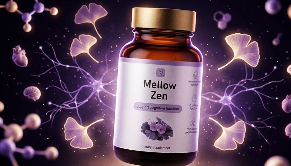 Wizualizacja działania Mellow Zen na układ nerwowy — neurony, liście miłorzębu i cząsteczki