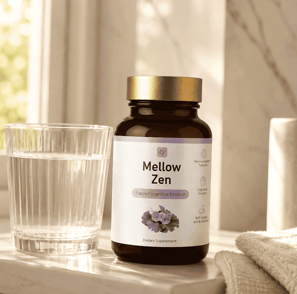 Kapsułka Mellow Zen i szklanka wody — wieczorny rytuał