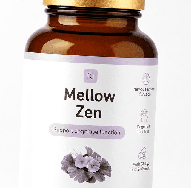 Opakowanie Mellow Zen — brązowa szklana butelka ze złotą zakrętką