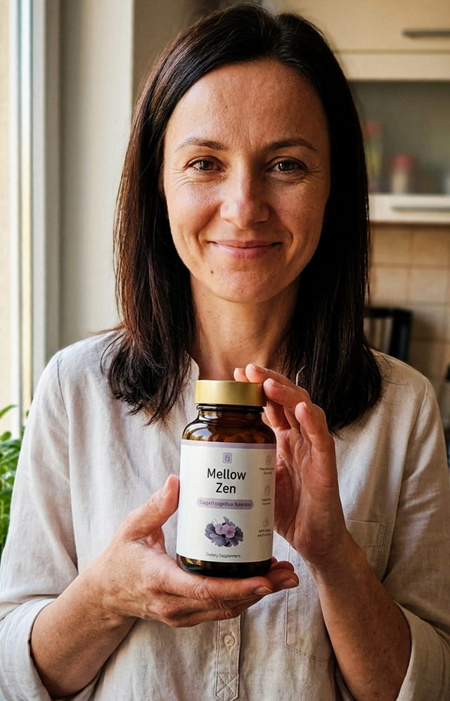 Kobieta po czterdziestce trzyma opakowanie Mellow Zen w kuchni