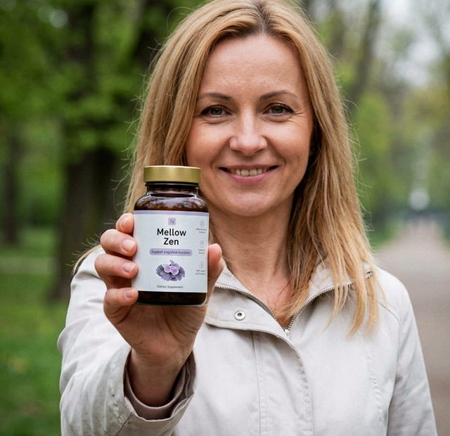 Kobieta w parku pokazuje opakowanie Mellow Zen