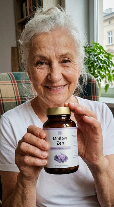 Uśmiechnięta starsza kobieta w fotelu trzyma opakowanie Mellow Zen