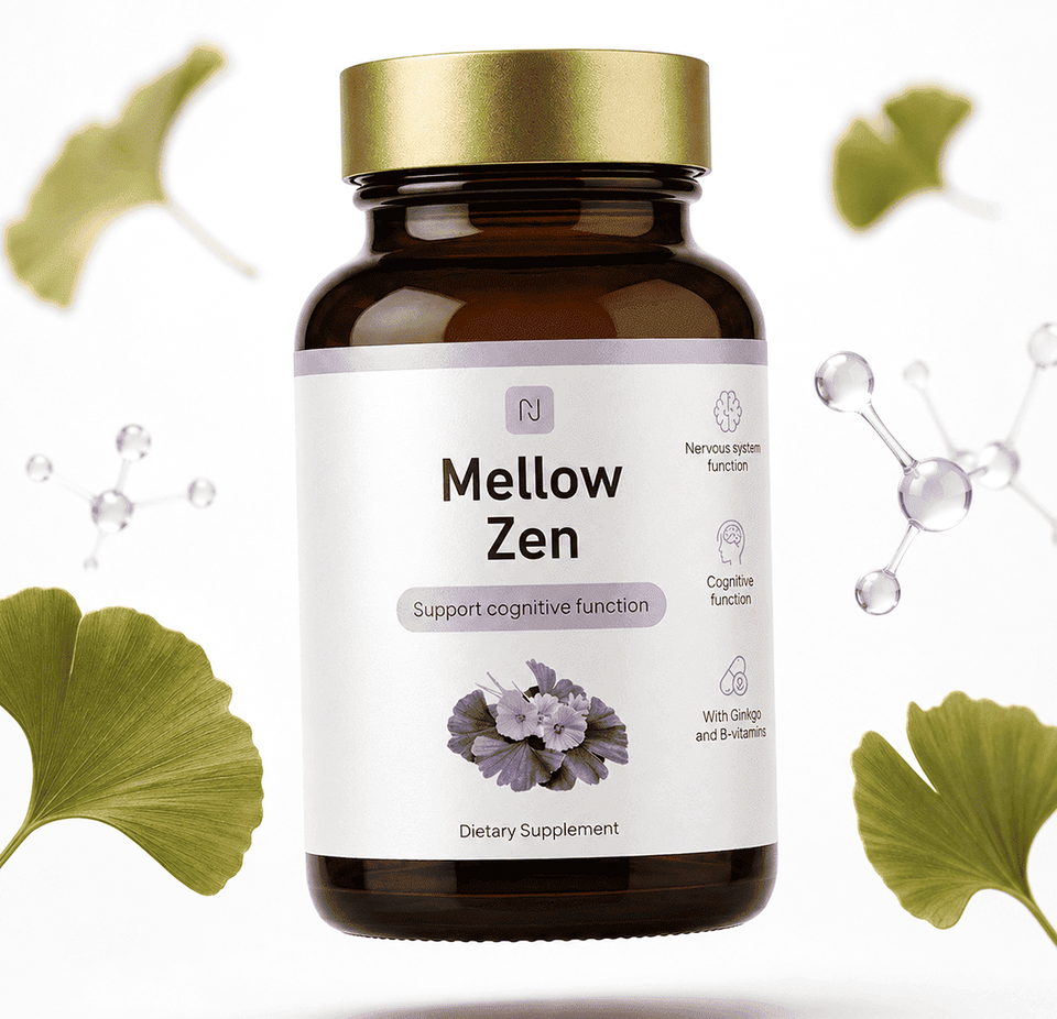 Opakowanie Mellow Zen wśród liści miłorzębu japońskiego i modeli cząsteczek