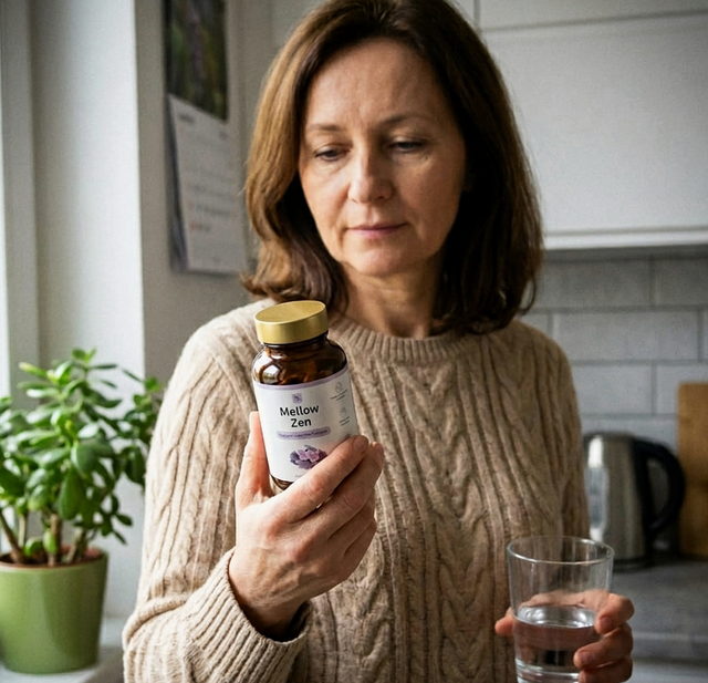Kobieta trzyma opakowanie Mellow Zen i szklankę wody — wieczorna porcja