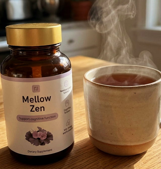 Mellow Zen obok parującego kubka herbaty na kuchennym blacie